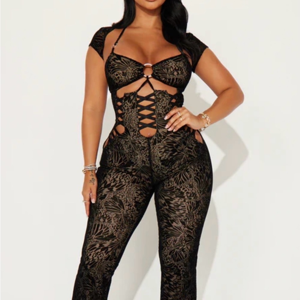Fashion Nova Black and Brown Lace-Up Jumpsuit